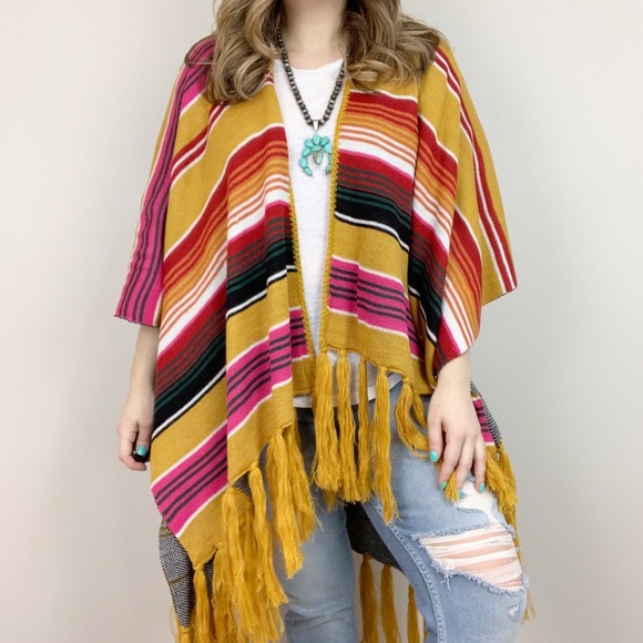Boho Bull Skull Serape Stripe Poncho Mustard Pink - Picture 5 of 8